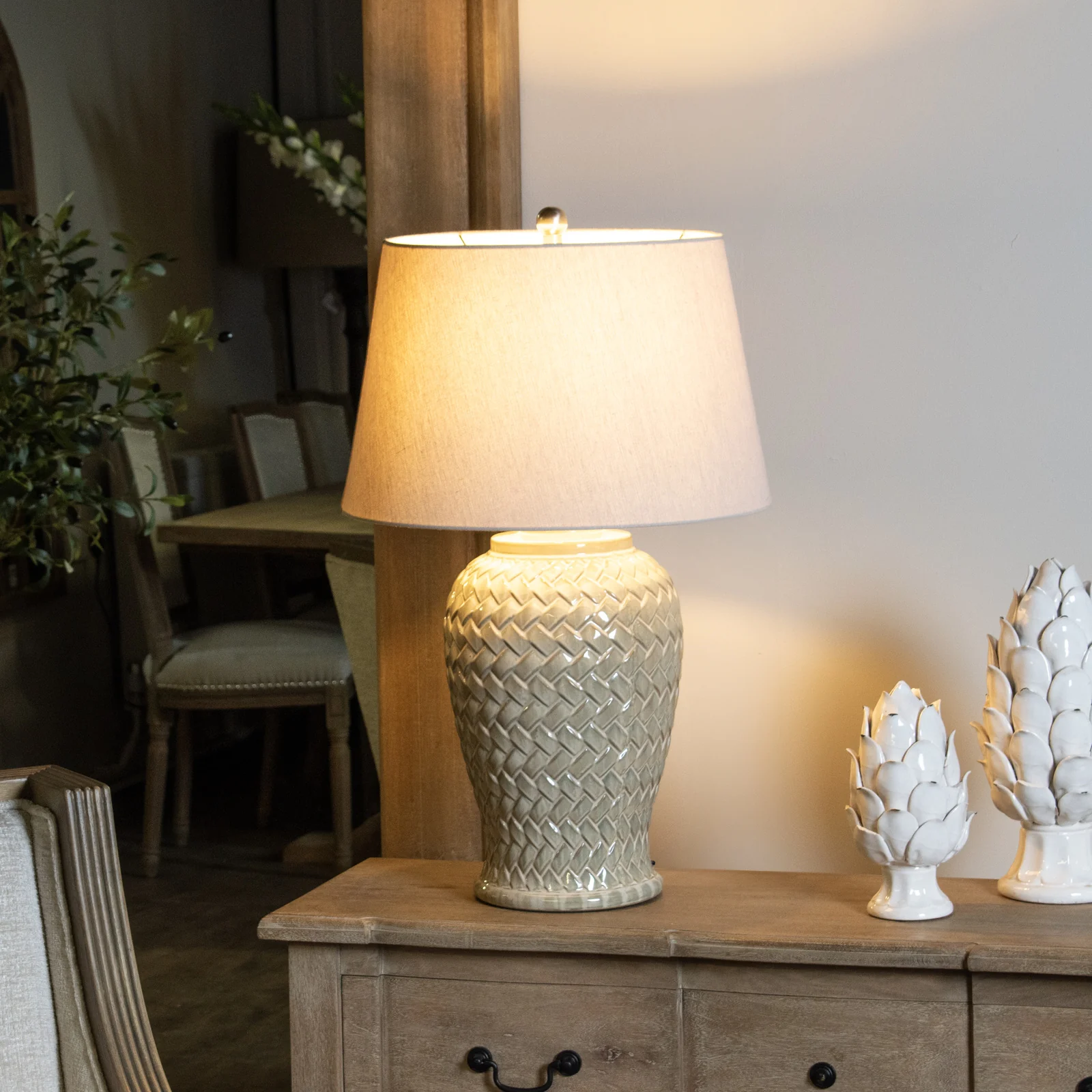Lighting material and finish reference for Woven Ceramic Table Lamp With Linen Shade
