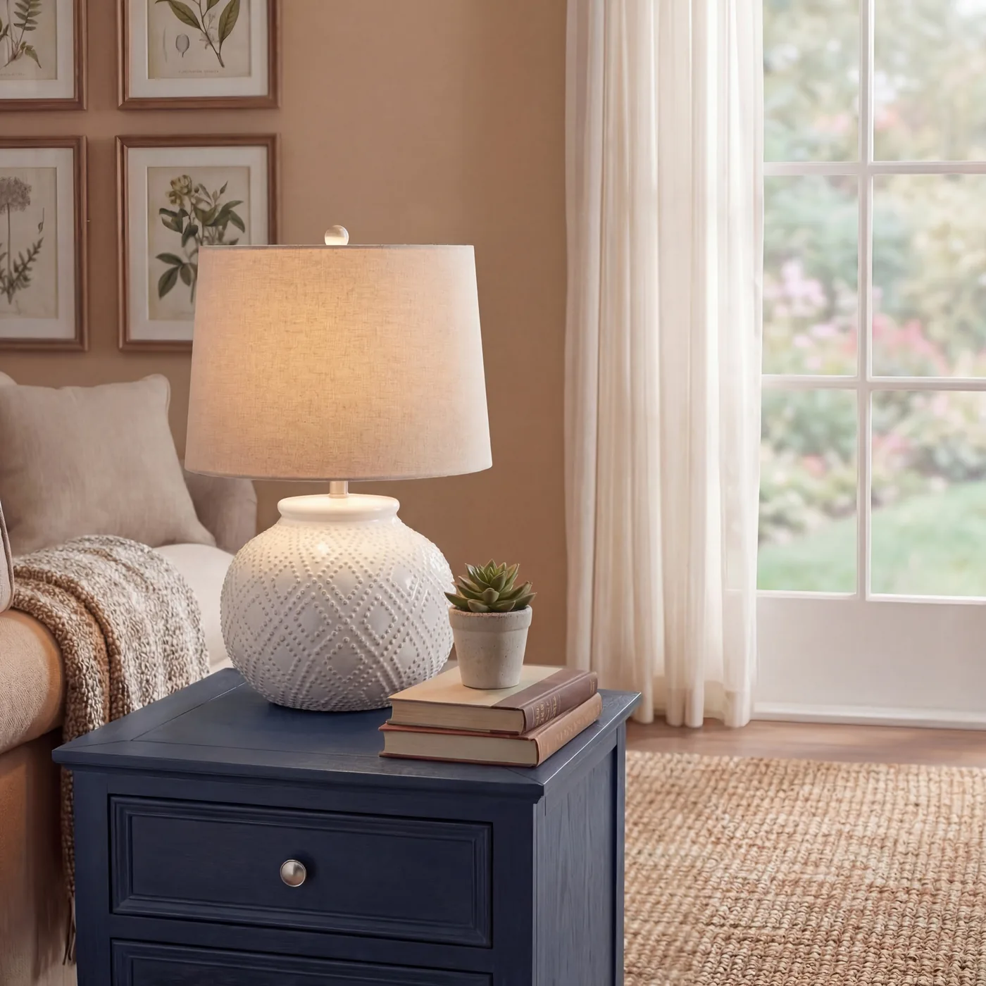 Lighting material and finish reference for Squat White Beaded Ceramic Lamp With Linen Shade