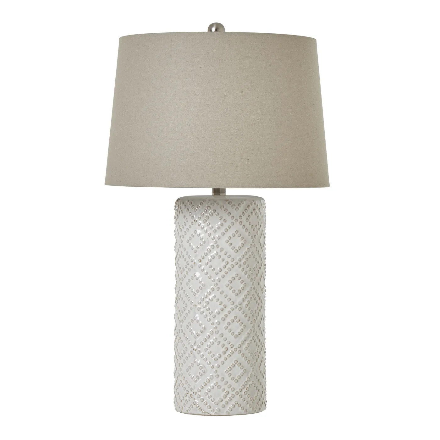 Lighting material and finish reference for White Beaded Ceramic Lamp With Linen Shade