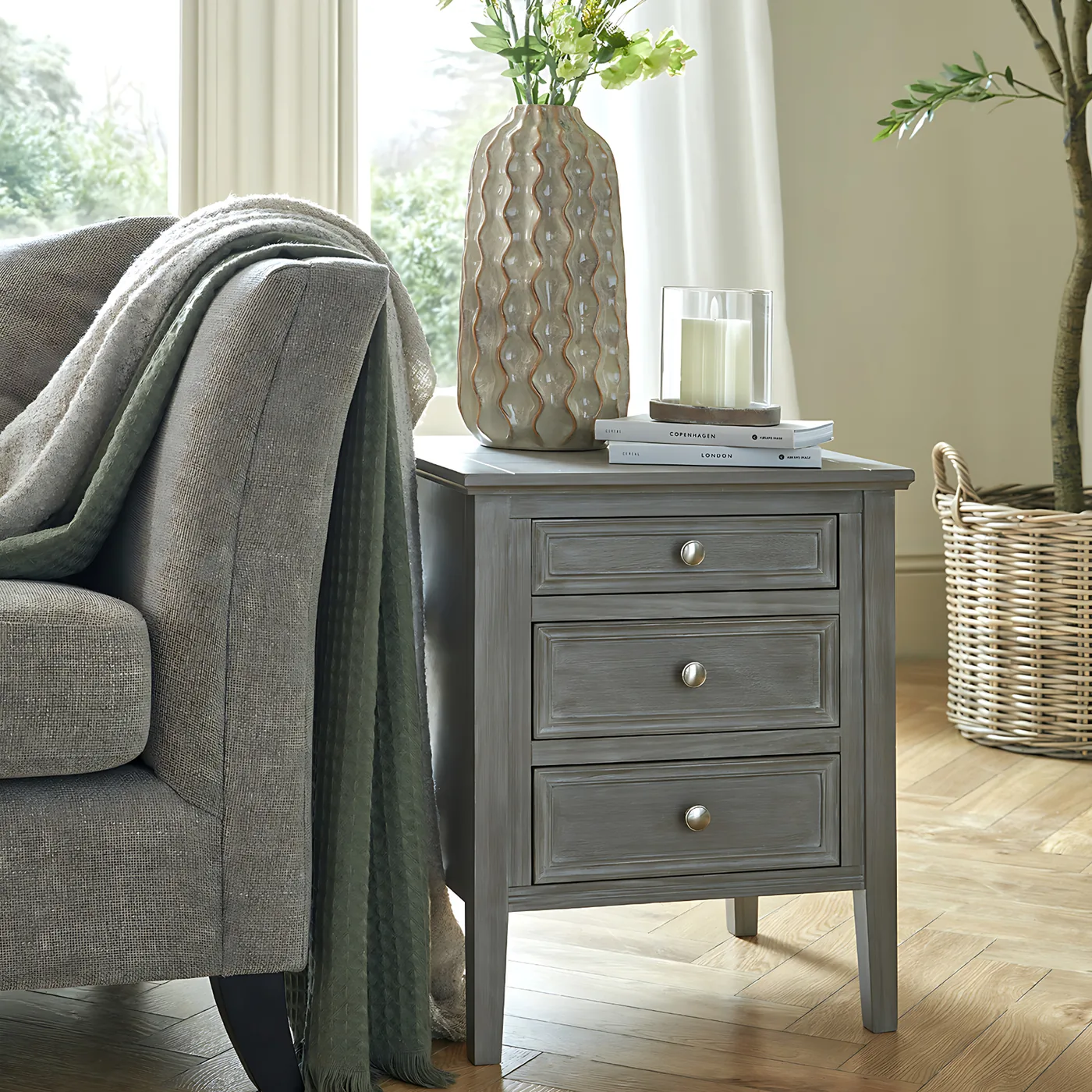 Tables material and finish reference for The Serene Collection Three Drawer Bedside Table