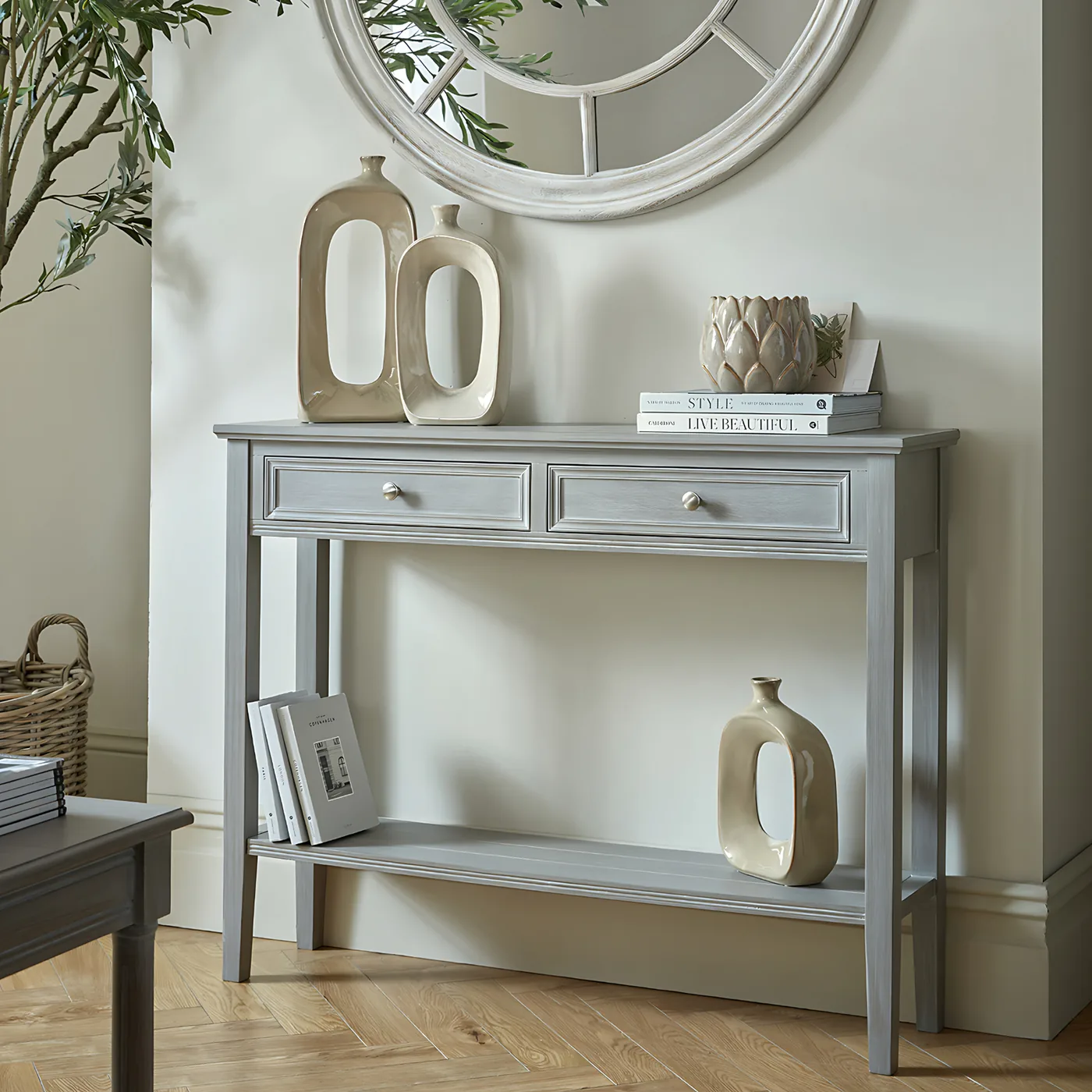 Tables material and finish reference for The Serene Collection Two Drawer Console Table