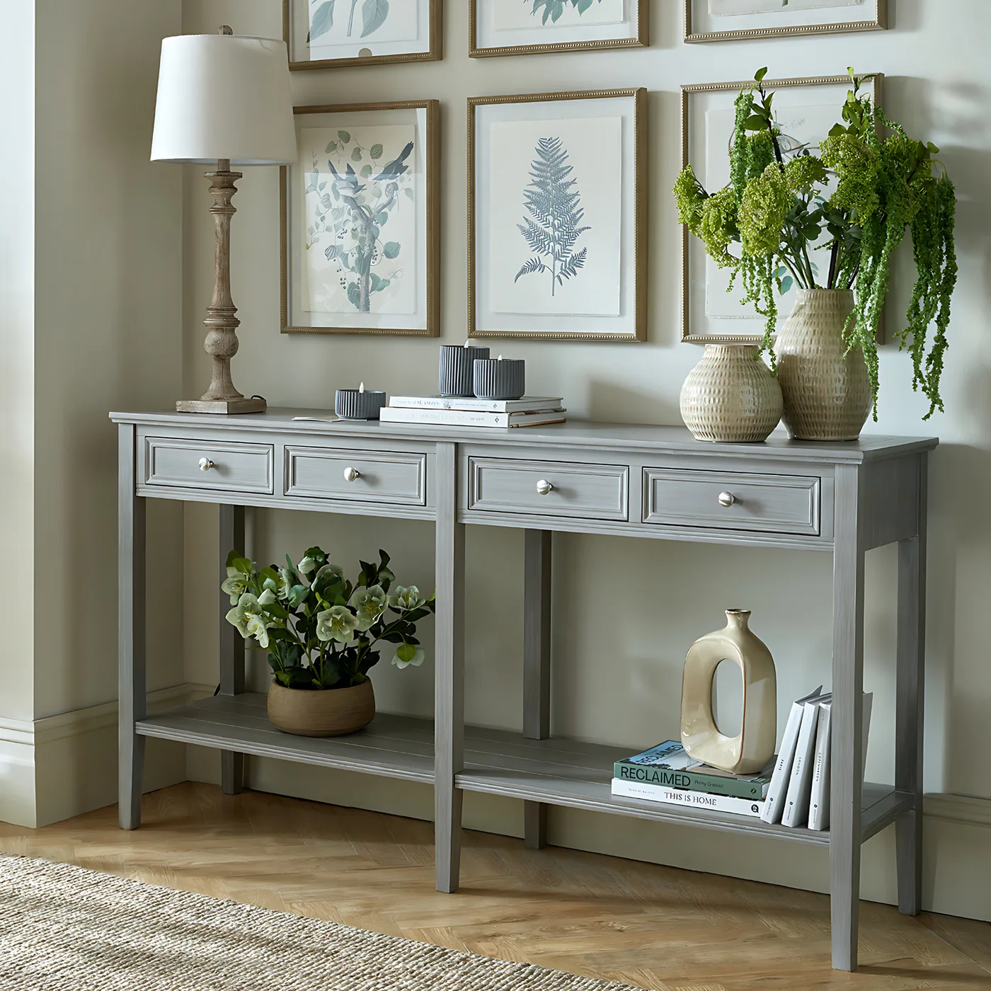 Tables material and finish reference for The Serene Collection Four Drawer Console Table