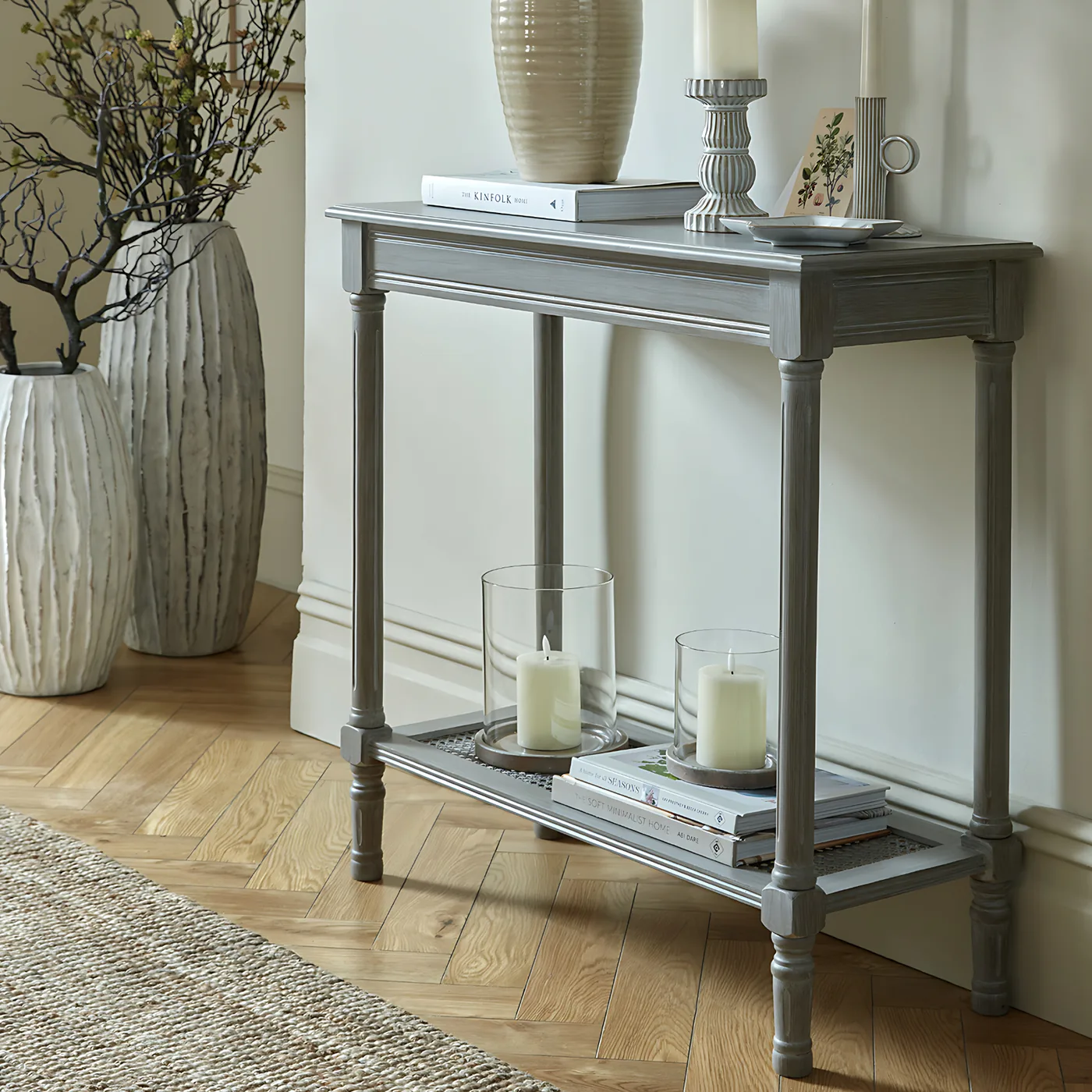 Tables material and finish reference for The Serene Rattan Collection Console Table