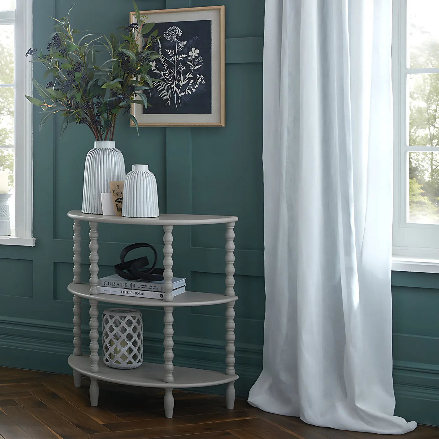 Tables material and finish reference for The Camden Collection Half Moon 3 Tier Table