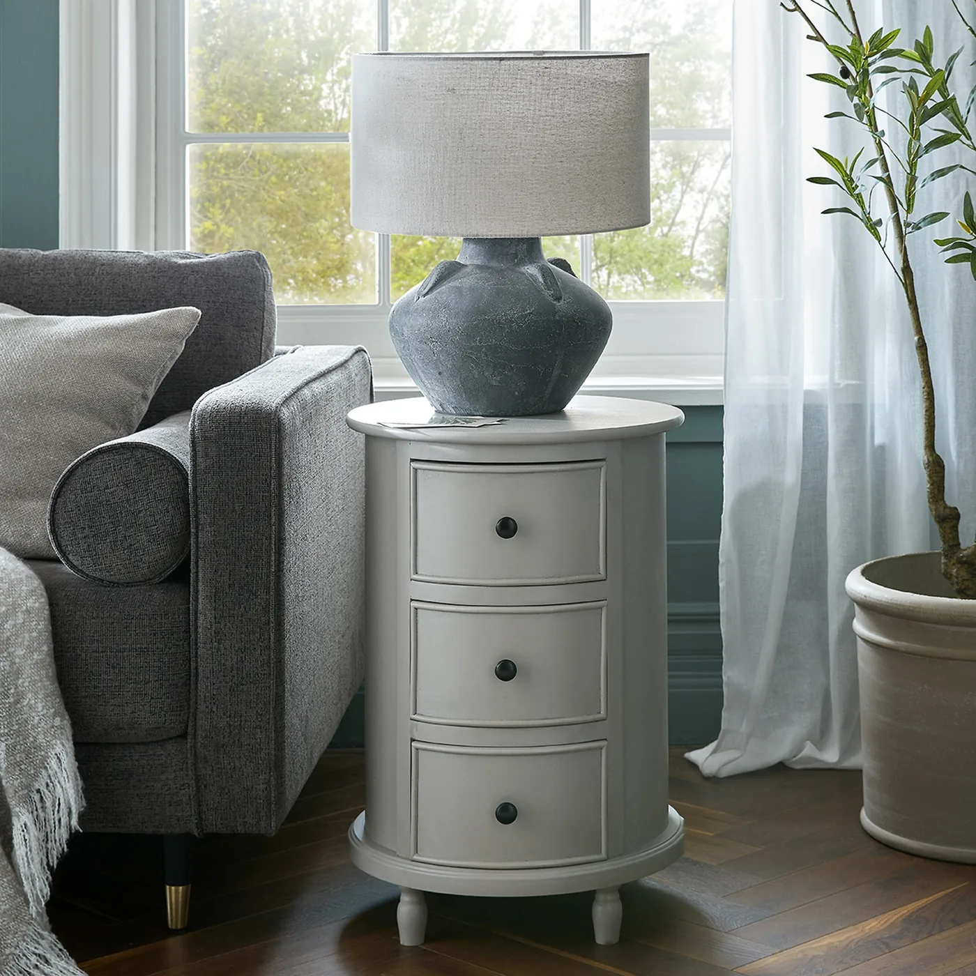 Tables material and finish reference for The Camden Collection 3 Drawer Round Side Table