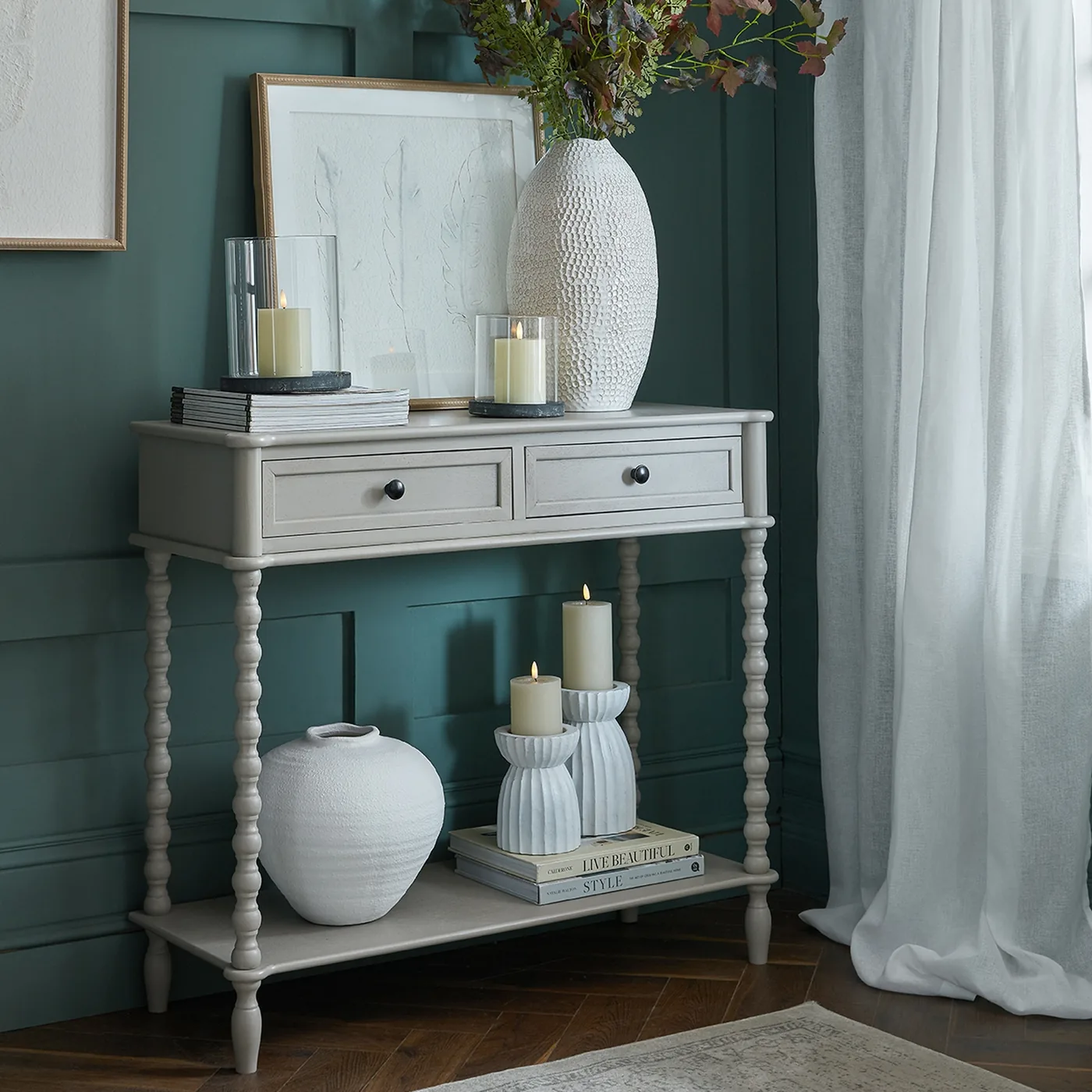 Tables material and finish reference for The Camden Collection Two Drawer Console Table