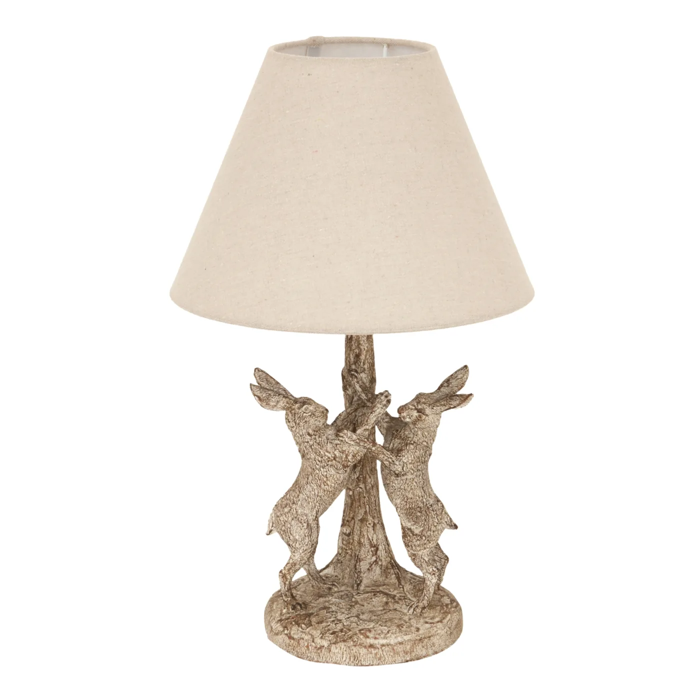 Lighting material and finish reference for Stonewashed Marching Hares Lamp With Linen Shade