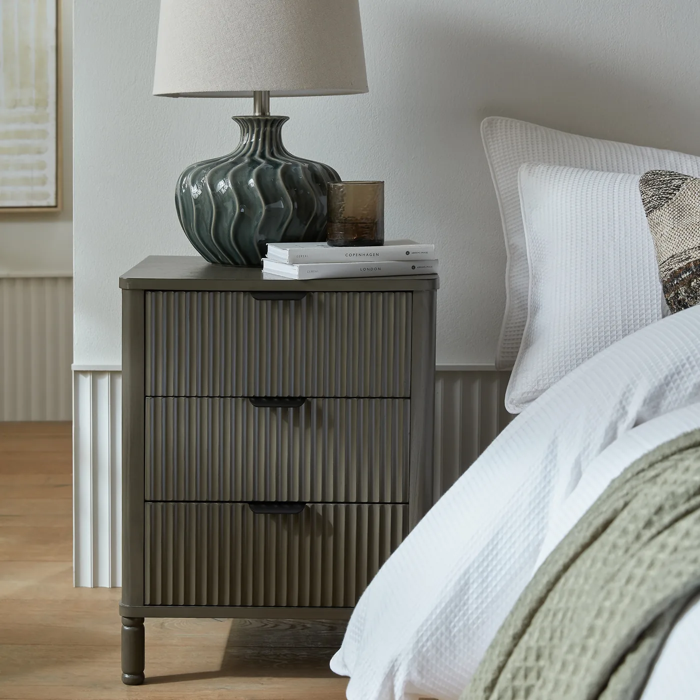 Tables material and finish reference for Reed Collection 3 Drawer Bedside Table