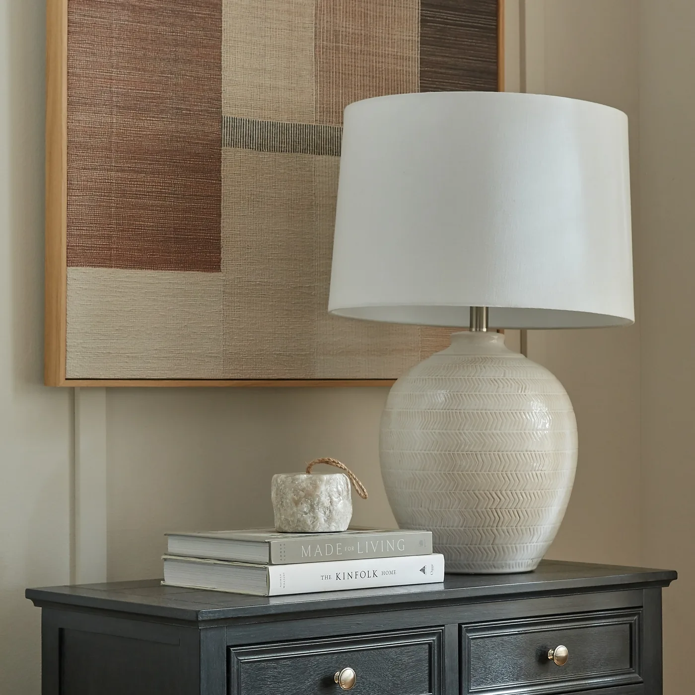 Lighting material and finish reference for Chevronne Ceramic Table Lamp With Linen Shade